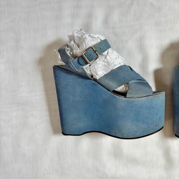 1970s Blue Leather Platform Heels Strappy Shoe 6" Heel Greek Leather by Alpi - Picture 4 of 12